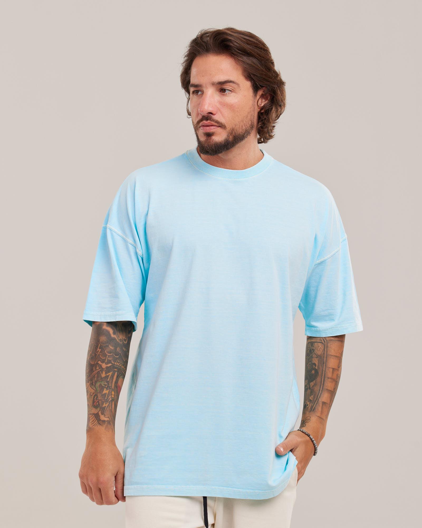 Camiseta Oversized Estonada Vintage Azul Claro — Lunfe Outlet — foto 4